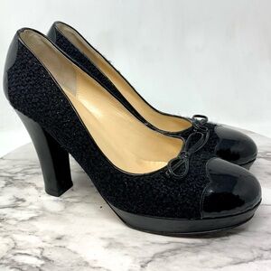 Kate Spade Marlena Black Tweed Cap Toe Dainty Bow Patent Heels 7.5 Retro Classic